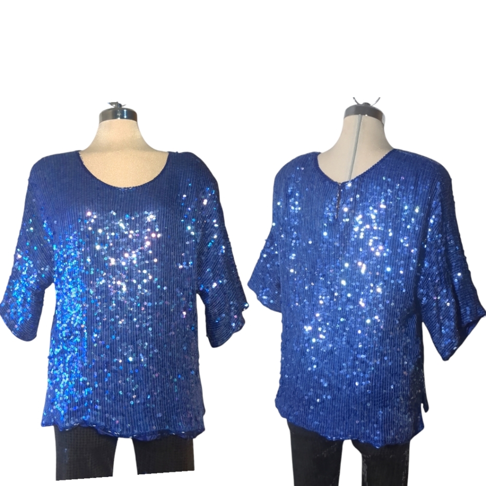 Vintage EATON  EN PLUS Royal  Blue Sequin Blouse Size 1X
